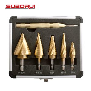 HSS 5PCS Spiral Grooved Titanium Step Drill Bit Set with Automatic Center Punch